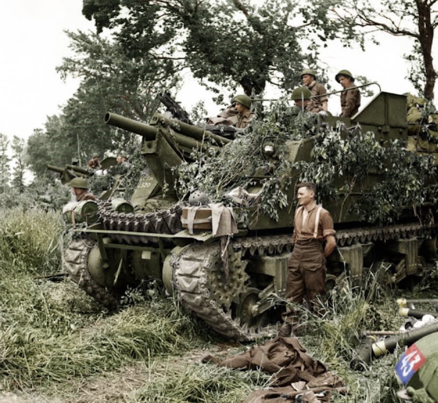 A battery of M7 Priest 105mm self-propelled guns from one of the 3rd Division’s Royal Artillery Field Regiments near Hermanville-Sur-Mer, France 